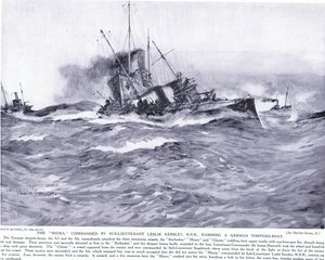 El Miura comandado por el subteniente Lesley Kelsey RNR embistiendo un torpedero alemán, octubre 1914 de Charles Edward Dixon